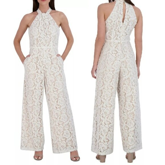 Julie Jordan Ivory Twist-Neck Wide-Leg Lace Jumpsuit Sz 6 - Picture 1 of 15